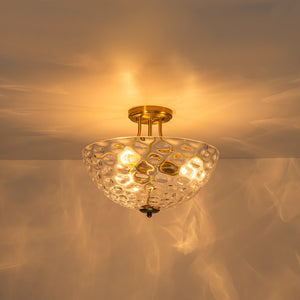 LightFixturesUSA-Brass 3-Light Hammered Glass Bowl Semi Flush Mount-Ceiling Light-Brass-