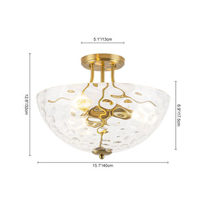 LightFixturesUSA-Brass 3-Light Hammered Glass Bowl Semi Flush Mount-Ceiling Light-Brass-