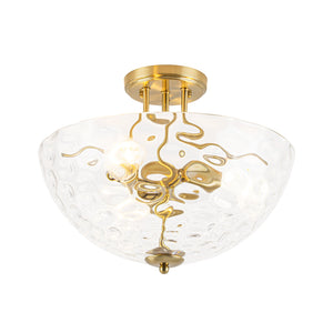 LightFixturesUSA-Brass 3-Light Hammered Glass Bowl Semi Flush Mount-Ceiling Light-Brass-