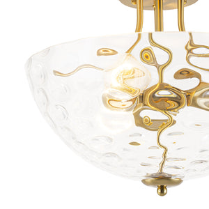 LightFixturesUSA-Brass 3-Light Hammered Glass Bowl Semi Flush Mount-Ceiling Light-Brass-