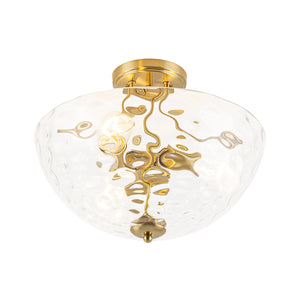LightFixturesUSA-Brass 3-Light Hammered Glass Bowl Semi Flush Mount-Ceiling Light-Brass-
