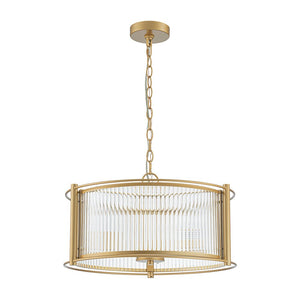 LightFixturesUSA - Brass 3 - Light Ribbed Glass Drum Lantern Pendant Light - Chandelier - Brass - 