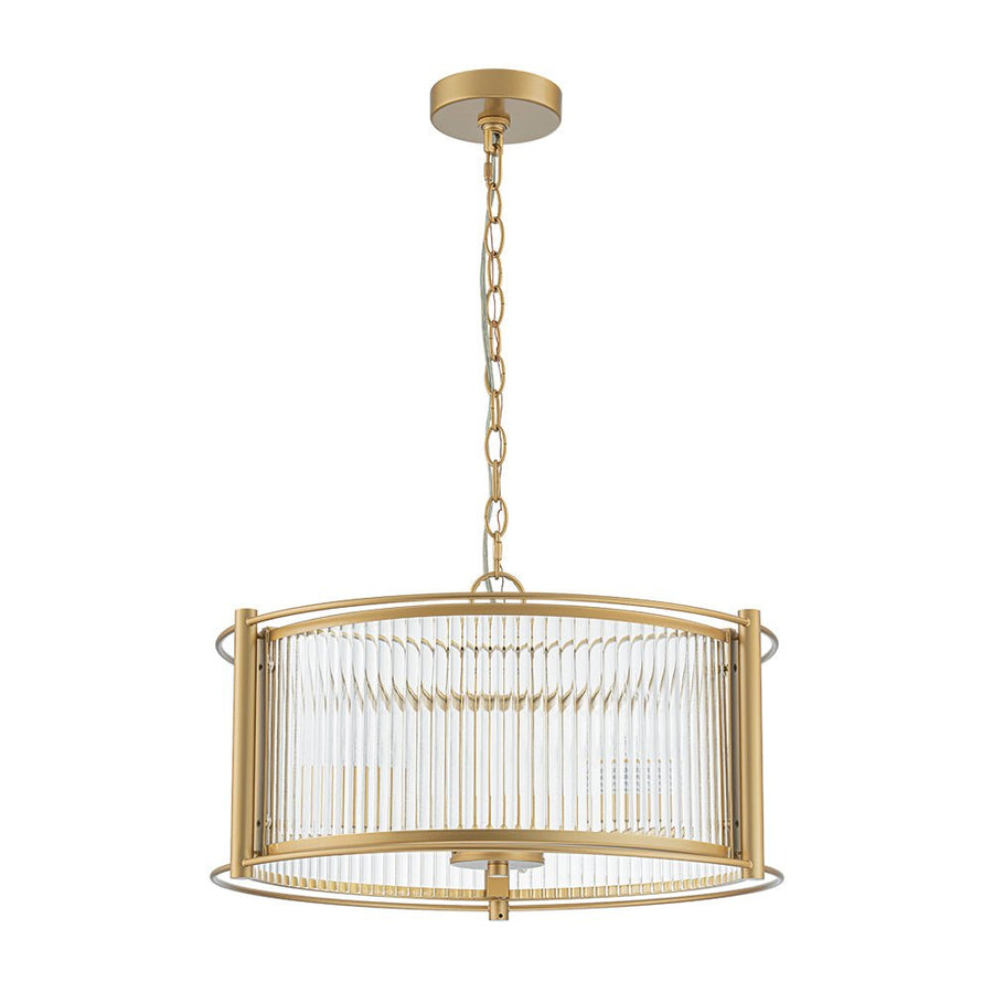 LightFixturesUSA - Brass 3 - Light Ribbed Glass Drum Lantern Pendant Light - Chandelier - Brass - 