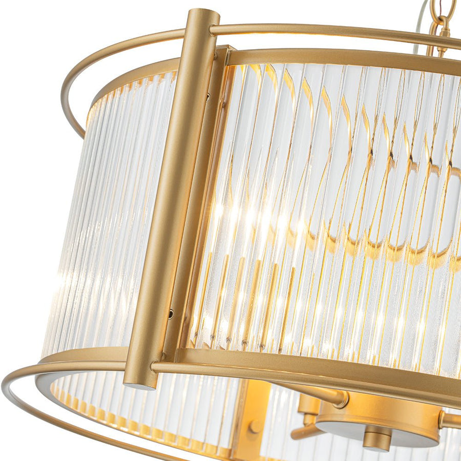 LightFixturesUSA - Brass 3 - Light Ribbed Glass Drum Lantern Pendant Light - Chandelier - Brass - 