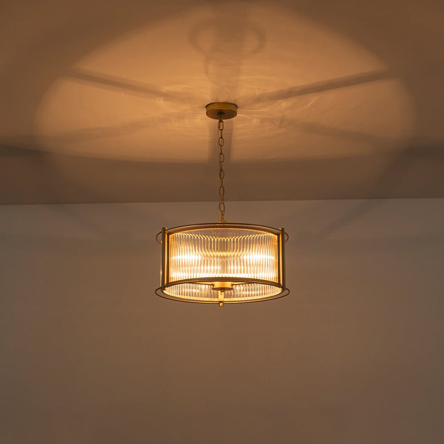LightFixturesUSA - Brass 3 - Light Ribbed Glass Drum Lantern Pendant Light - Chandelier - Brass - 