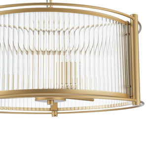 LightFixturesUSA - Brass 3 - Light Ribbed Glass Drum Lantern Pendant Light - Chandelier - Brass - 