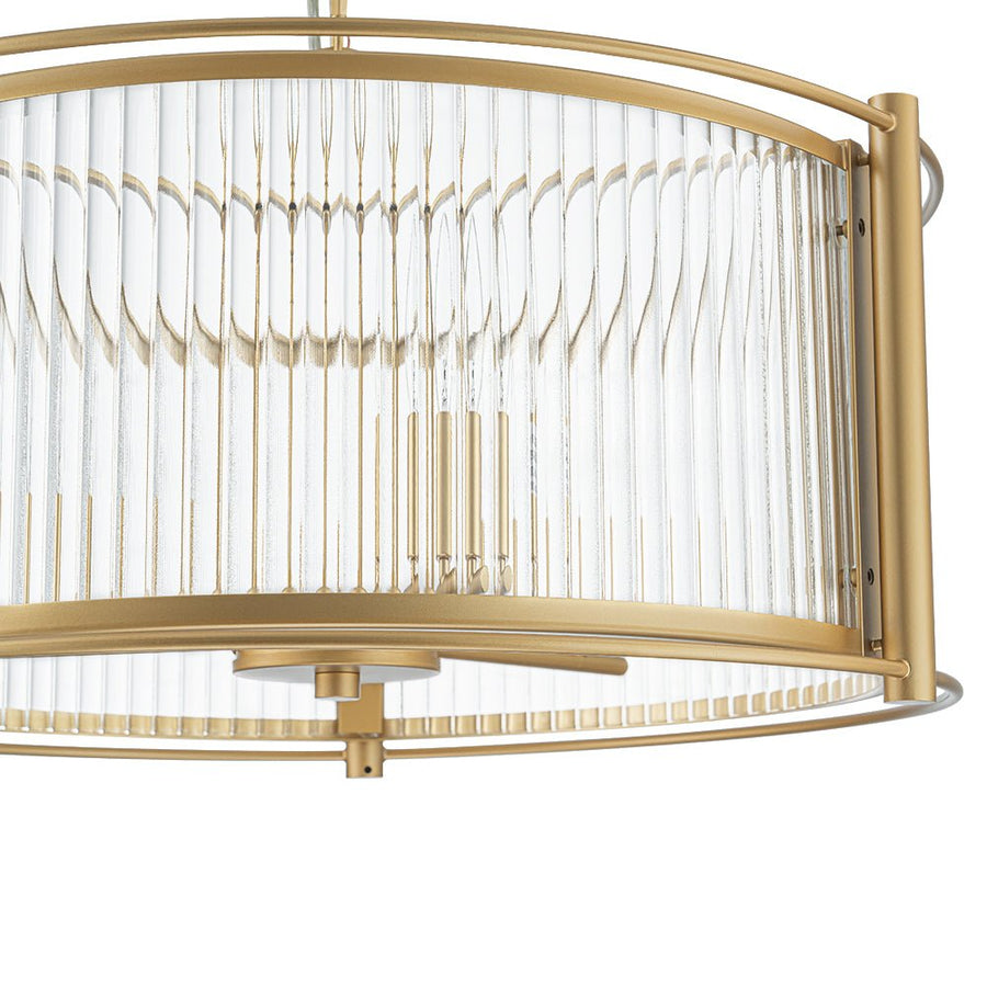 LightFixturesUSA - Brass 3 - Light Ribbed Glass Drum Lantern Pendant Light - Chandelier - Brass - 