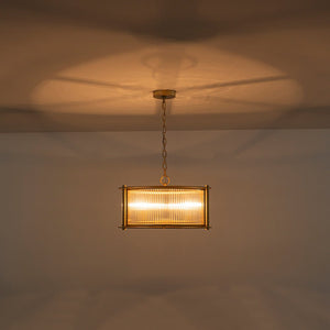 LightFixturesUSA - Brass 3 - Light Ribbed Glass Drum Lantern Pendant Light - Chandelier - Brass - 