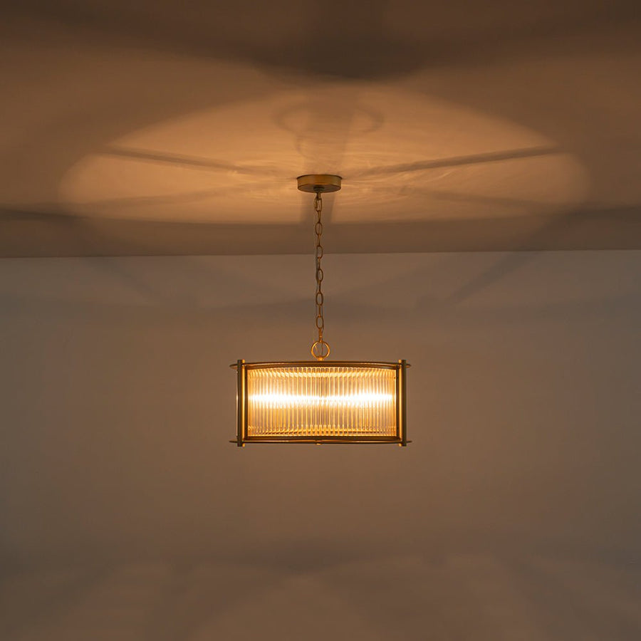 LightFixturesUSA - Brass 3 - Light Ribbed Glass Drum Lantern Pendant Light - Chandelier - Brass - 