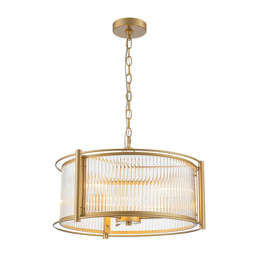 LightFixturesUSA - Brass 3 - Light Ribbed Glass Drum Lantern Pendant Light - Chandelier - Brass - 