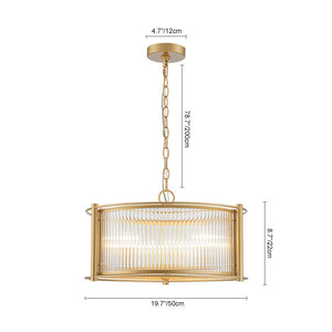 LightFixturesUSA - Brass 3 - Light Ribbed Glass Drum Lantern Pendant Light - Chandelier - Brass - 