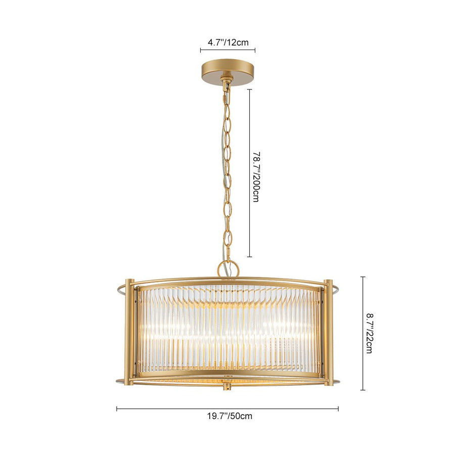LightFixturesUSA - Brass 3 - Light Ribbed Glass Drum Lantern Pendant Light - Chandelier - Brass - 