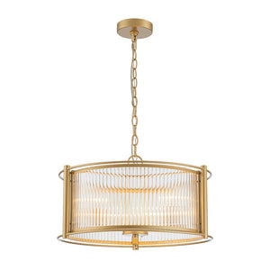 LightFixturesUSA - Brass 3 - Light Ribbed Glass Drum Lantern Pendant Light - Chandelier - Brass - 