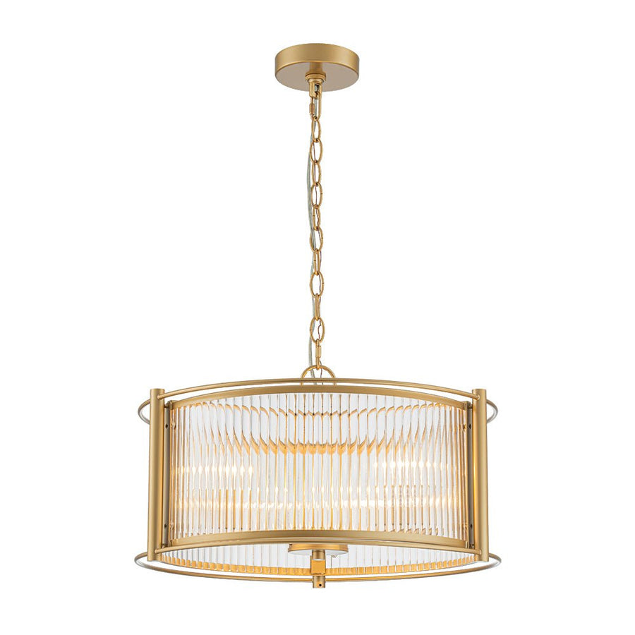 LightFixturesUSA - Brass 3 - Light Ribbed Glass Drum Lantern Pendant Light - Chandelier - Brass - 