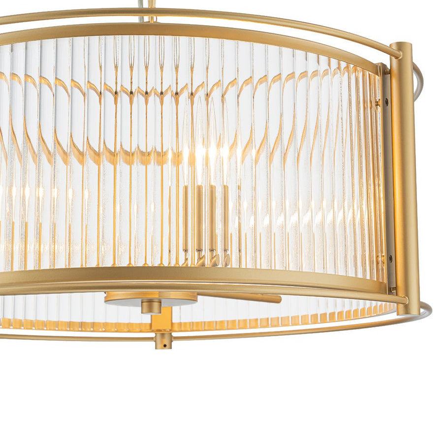 LightFixturesUSA - Brass 3 - Light Ribbed Glass Drum Lantern Pendant Light - Chandelier - Brass - 