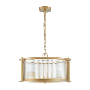 LightFixturesUSA - Brass 3 - Light Ribbed Glass Drum Lantern Pendant Light - Chandelier - Brass - 