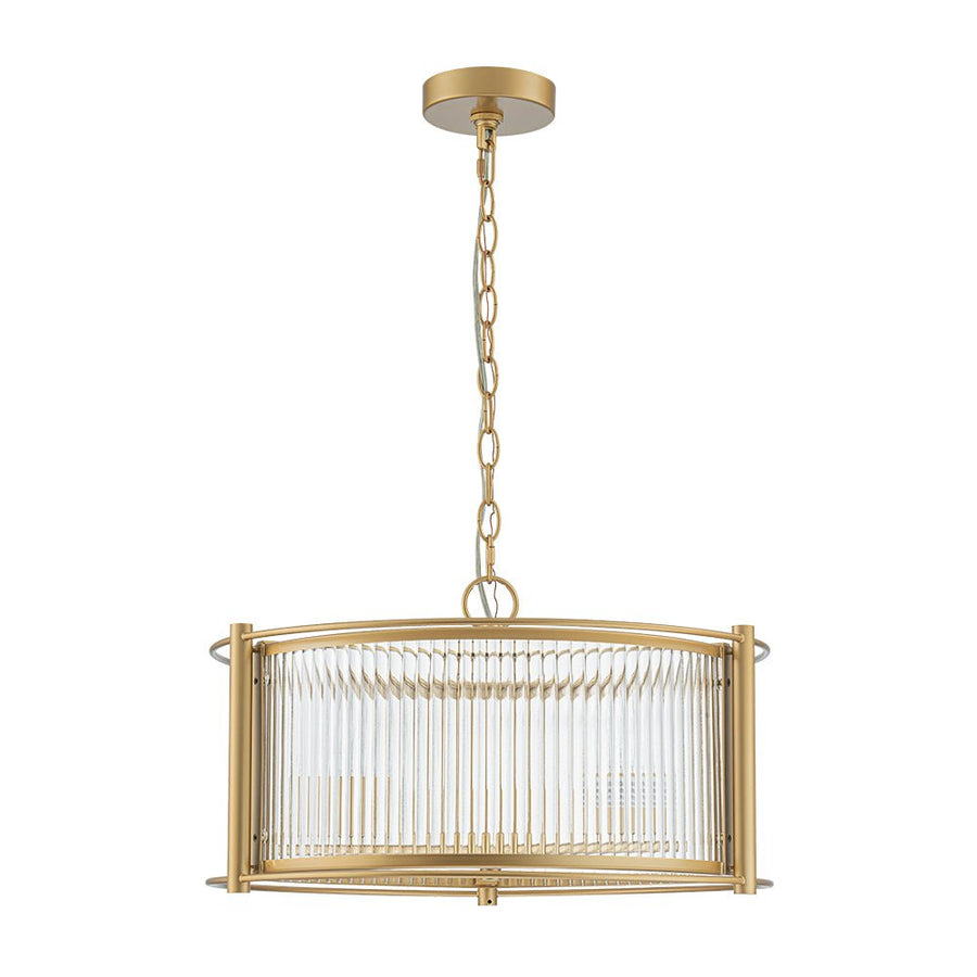 LightFixturesUSA - Brass 3 - Light Ribbed Glass Drum Lantern Pendant Light - Chandelier - Brass - 