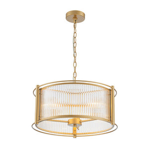 LightFixturesUSA - Brass 3 - Light Ribbed Glass Drum Lantern Pendant Light - Chandelier - Brass - 