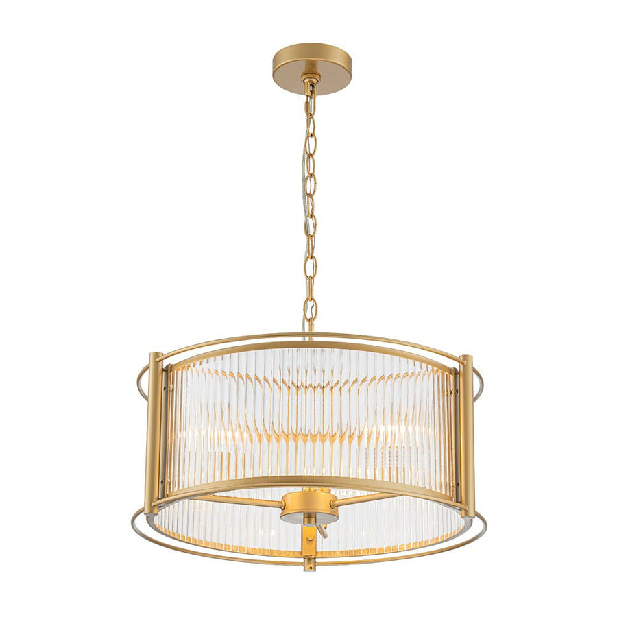 LightFixturesUSA - Brass 3 - Light Ribbed Glass Drum Lantern Pendant Light - Chandelier - Brass - 