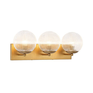 LightFixturesUSA-Brass 3-Light Ribbed Glass Globe Bathroom Vanity Wall Lamp-Wall Sconce-Brass-