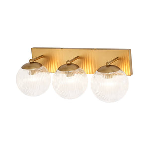 LightFixturesUSA-Brass 3-Light Ribbed Glass Globe Bathroom Vanity Wall Lamp-Wall Sconce-Brass-
