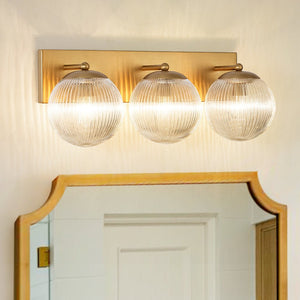 LightFixturesUSA-Brass 3-Light Ribbed Glass Globe Bathroom Vanity Wall Lamp-Wall Sconce-Brass-