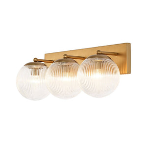 LightFixturesUSA-Brass 3-Light Ribbed Glass Globe Bathroom Vanity Wall Lamp-Wall Sconce-Brass-
