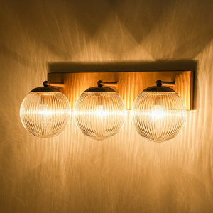 LightFixturesUSA-Brass 3-Light Ribbed Glass Globe Bathroom Vanity Wall Lamp-Wall Sconce-Brass-