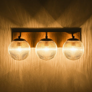 LightFixturesUSA-Brass 3-Light Ribbed Glass Globe Bathroom Vanity Wall Lamp-Wall Sconce-Brass-