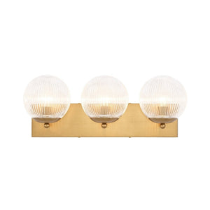 LightFixturesUSA-Brass 3-Light Ribbed Glass Globe Bathroom Vanity Wall Lamp-Wall Sconce-Brass-