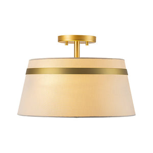 LightFixturesUSA - Brass 3 - Light White Fabric Drum Cage Semi Flush Mount - Ceiling Light - Brass - 