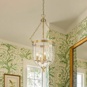LightFixturesUSA-Brass 4-Light Ribbed Glass Bell Jar Lantern Pendant / Semi Flush-Ceiling Light-Brass-