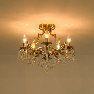 LightFixturesUSA - Brass 5 - Light Candle Style Crystal Crown Semi Flush Mount - Ceiling Light - Brass - 