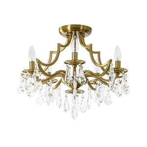 LightFixturesUSA - Brass 5 - Light Candle Style Crystal Crown Semi Flush Mount - Ceiling Light - Brass - 