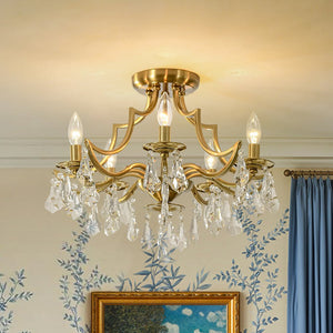 LightFixturesUSA - Brass 5 - Light Candle Style Crystal Crown Semi Flush Mount - Ceiling Light - Brass - 