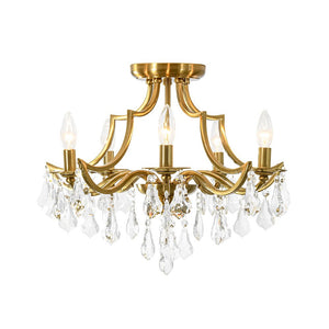 LightFixturesUSA - Brass 5 - Light Candle Style Crystal Crown Semi Flush Mount - Ceiling Light - Brass - 