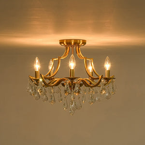 LightFixturesUSA - Brass 5 - Light Candle Style Crystal Crown Semi Flush Mount - Ceiling Light - Brass - 