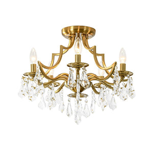 LightFixturesUSA - Brass 5 - Light Candle Style Crystal Crown Semi Flush Mount - Ceiling Light - Brass - 