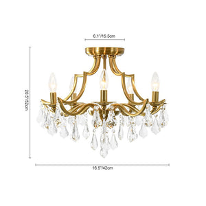 LightFixturesUSA - Brass 5 - Light Candle Style Crystal Crown Semi Flush Mount - Ceiling Light - Brass - 