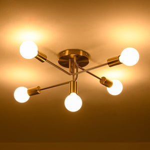 LightFixturesUSA - Brass 5 - Light Tiered Linear Sputnik Semi Flush Mount - Chandelier - Brass - 