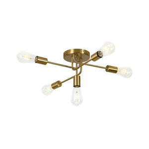 LightFixturesUSA - Brass 5 - Light Tiered Linear Sputnik Semi Flush Mount - Chandelier - Brass - 