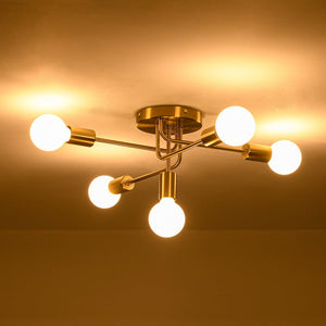 LightFixturesUSA - Brass 5 - Light Tiered Linear Sputnik Semi Flush Mount - Chandelier - Brass - 