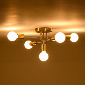 LightFixturesUSA - Brass 5 - Light Tiered Linear Sputnik Semi Flush Mount - Chandelier - Brass - 