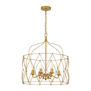LightFixturesUSA-Brass 6-Light Candle Geometric Metal Drum Lantern Chandelier-Chandelier-23.6 in-