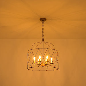 LightFixturesUSA-Brass 6-Light Candle Geometric Metal Drum Lantern Chandelier-Chandelier-23.6 in-