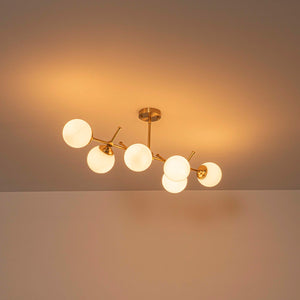 LightFixturesUSA-Brass 6-Light Opal Glass Globe Linear Island Chandelier-Ceiling Light-Brass-
