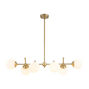 LightFixturesUSA-Brass 6-Light Opal Glass Globe Linear Island Chandelier-Ceiling Light-Brass-