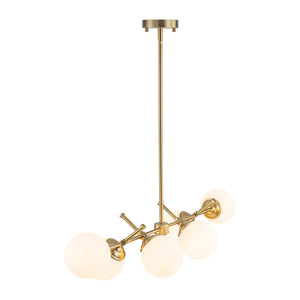 LightFixturesUSA-Brass 6-Light Opal Glass Globe Linear Island Chandelier-Ceiling Light-Brass-