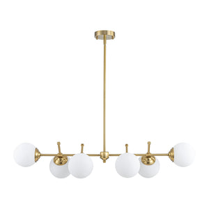 LightFixturesUSA-Brass 6-Light Opal Glass Globe Linear Island Chandelier-Ceiling Light-Brass-