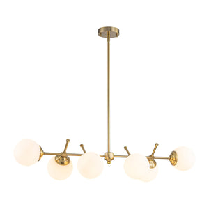 LightFixturesUSA-Brass 6-Light Opal Glass Globe Linear Island Chandelier-Ceiling Light-Brass-